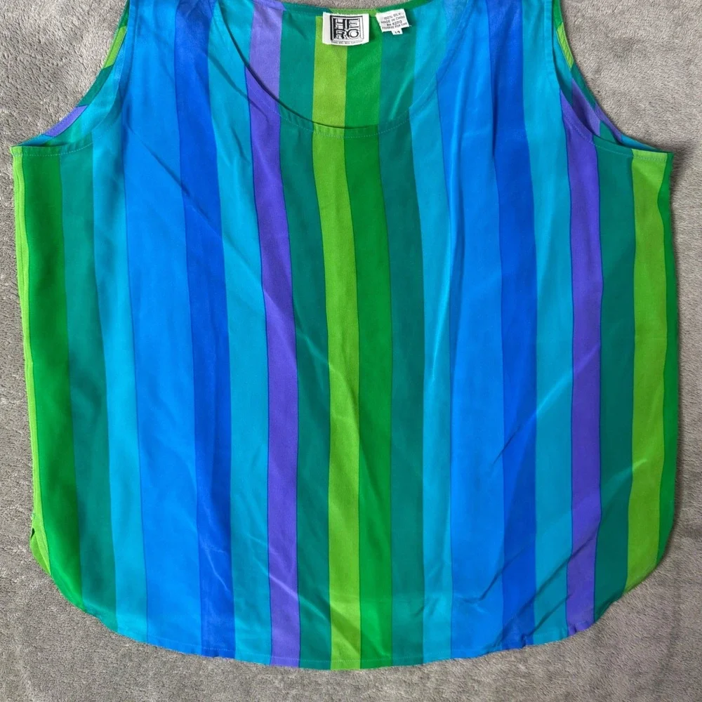 VTG 80s 90s Colorful Colorblock Striped Silk Tank Top Size 14 Dopamine Casual - Picture 6 of 11